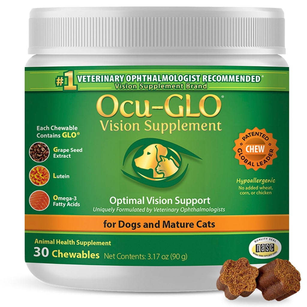 Tambahan Senior Ocu- GLO Cat & Dog untuk Dukungan Mata - Suplemen Visioner Vitamin Terchewable untuk Perawatan Pets Besar dan Kecil dengan Lutein, Omega- 3 Acids Gendut, Ekstrak Benih Grape & Antioksidan