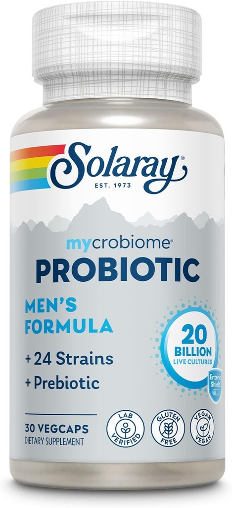 Formula Pria Probiotik SOLARAY Mycrobiome Formula Pria, Probiotik untuk Pria, Kesehatan Gut, Ditraffic, Immune Fungsi & Lebih, 20 Milyar Probiosis CFU Mens, 24 Strains Plus Prebiotic, 30 Gracids