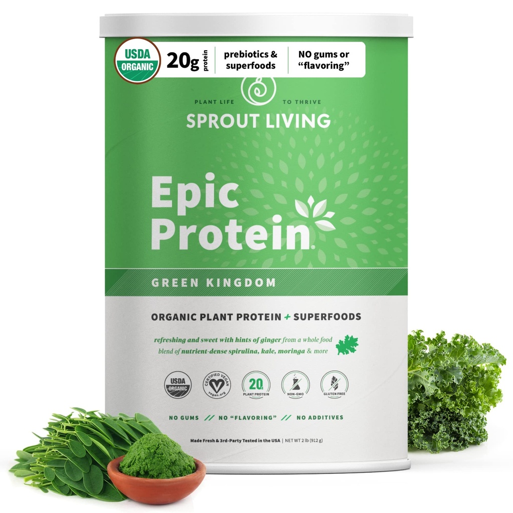 Sprout Living Epic Protein, Tanaman berbasis Protein & Superfood Powder, Green Kingdom 124; 20 Grams Organic Protein Pounder, Greens, Vegan, Non Dairy, Non- GMO, Gluten Free, Low Sugar (2 Pound, 24 Pelayan)