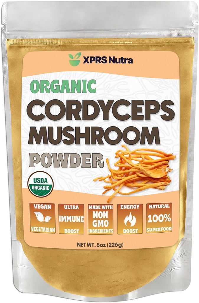 XPRS Nutra Organic Cordyceps Mushroom Powder - Premium Cordyceps Mushroom - Real Mushroom Cordyceps Popper for Energy and Ammune Dukung - Mashroom Cordyceps Frily (8 oz)