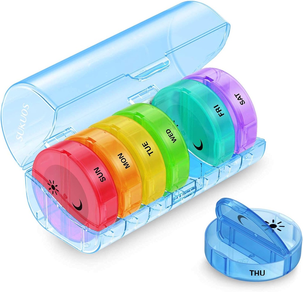 Sukuos Large Weekly Pill Organizer 2 Times sehari, Kotak Pil Harian 7 Hari Mudah Dibuka dengan Perlindungan Ganda, Kasus Pill AM PM untuk Obat / Vitamin / Minyak Ikan / Suplemen (Biru)