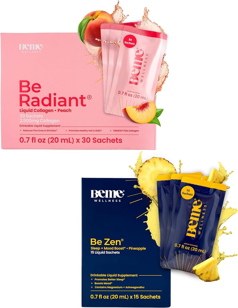 BeMe BeRadiant Peach & BeZen Bundle - Liquid Collagen & Magnesium Glycinate L- Theanine Suplemen