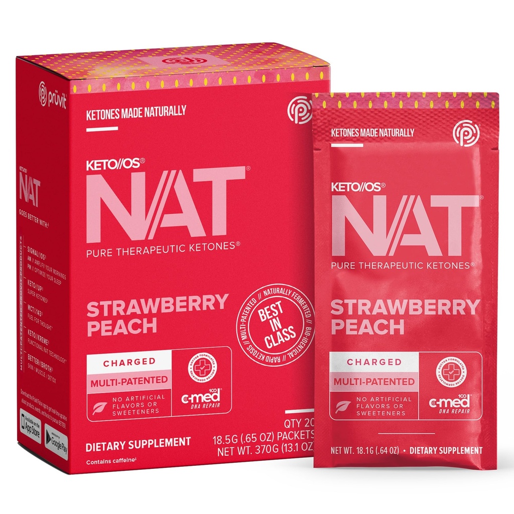 Pruvit - Keto / OS NAT - Strawberry Peach Charged Drink Mix dengan C-Med 100, L-Taurine, Vitamin B6 & B12, Suplemen Keton - 18.5g