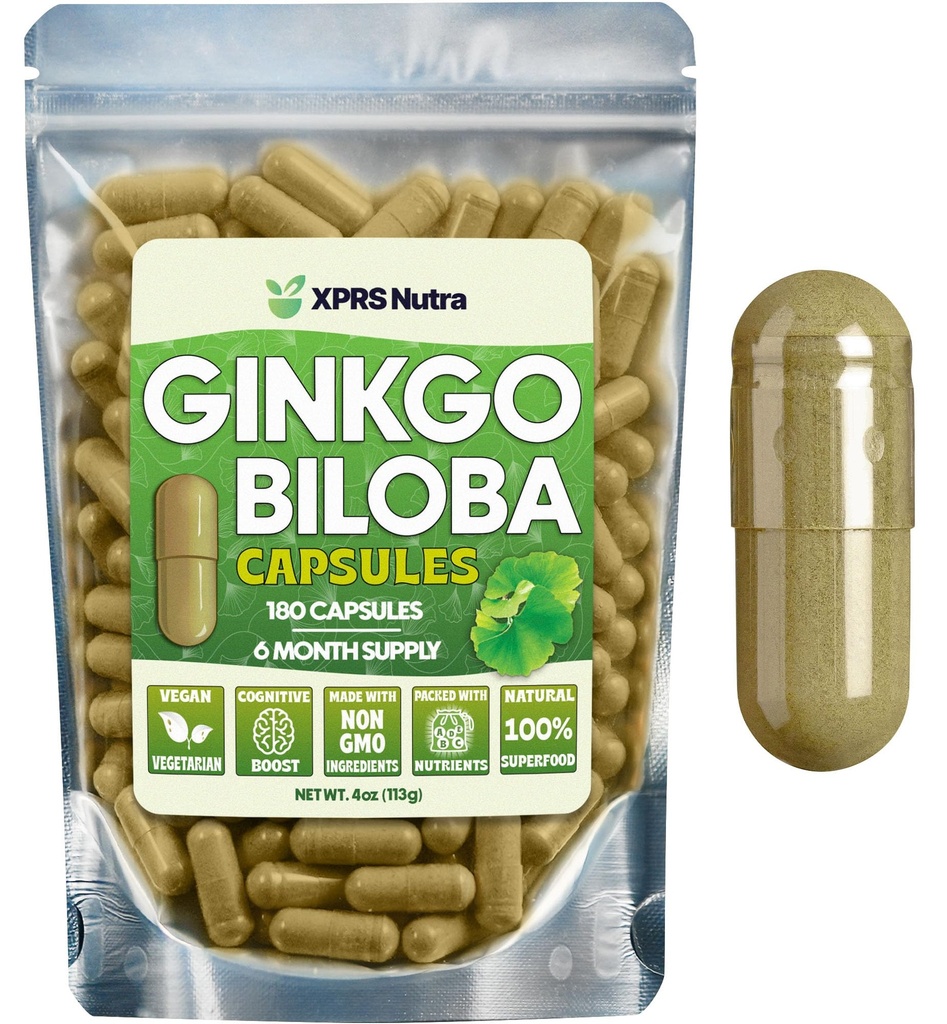 XPRS Nutra Ginkgo Biloba Kapsul - Gingko Biloba Ensulated Suplemen untuk Kognition - Vegan Friendly Ginkoba Biloba - Imunity Boosting Ginkgo Bicola Kapsul - 180 Count