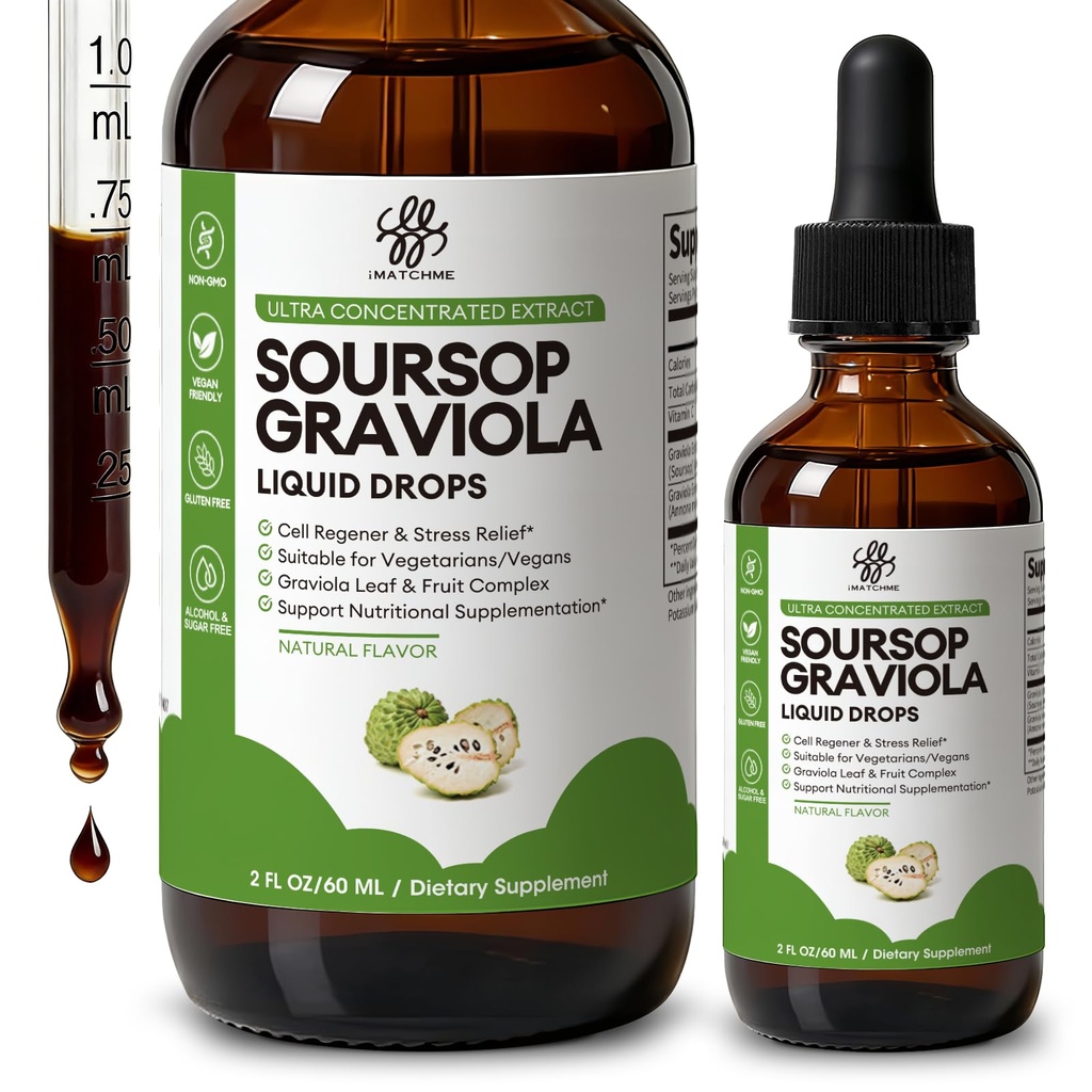 iMATCHME Soursop Graviola Liquid Drop for Cell Support & Regenerasi, Immune System and Gut Health Support, Pure Soursop Bitters Liquid, High Absorpsi, Sugar / Gluten Free, Natural Flavor, 2 Fl Oz