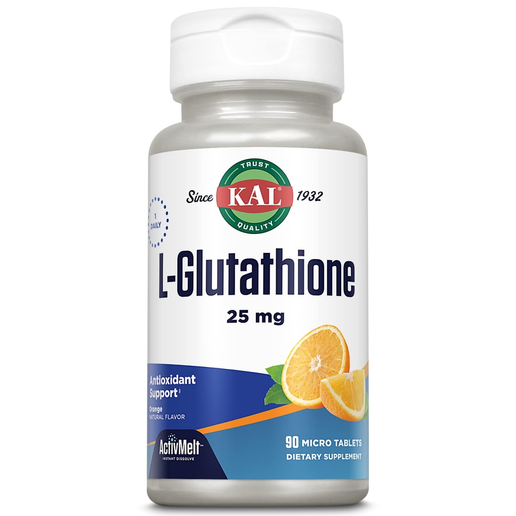 KAL L- Glutathione, Mengurangi Suplemen Glutathione, Penyimpangan Absorpsi Tinggi Antioksidant, Oranye Flavor Instant Dissolve AktivMelt, Vegetarian, Lab Verifikasi, 90 tablet Mikro