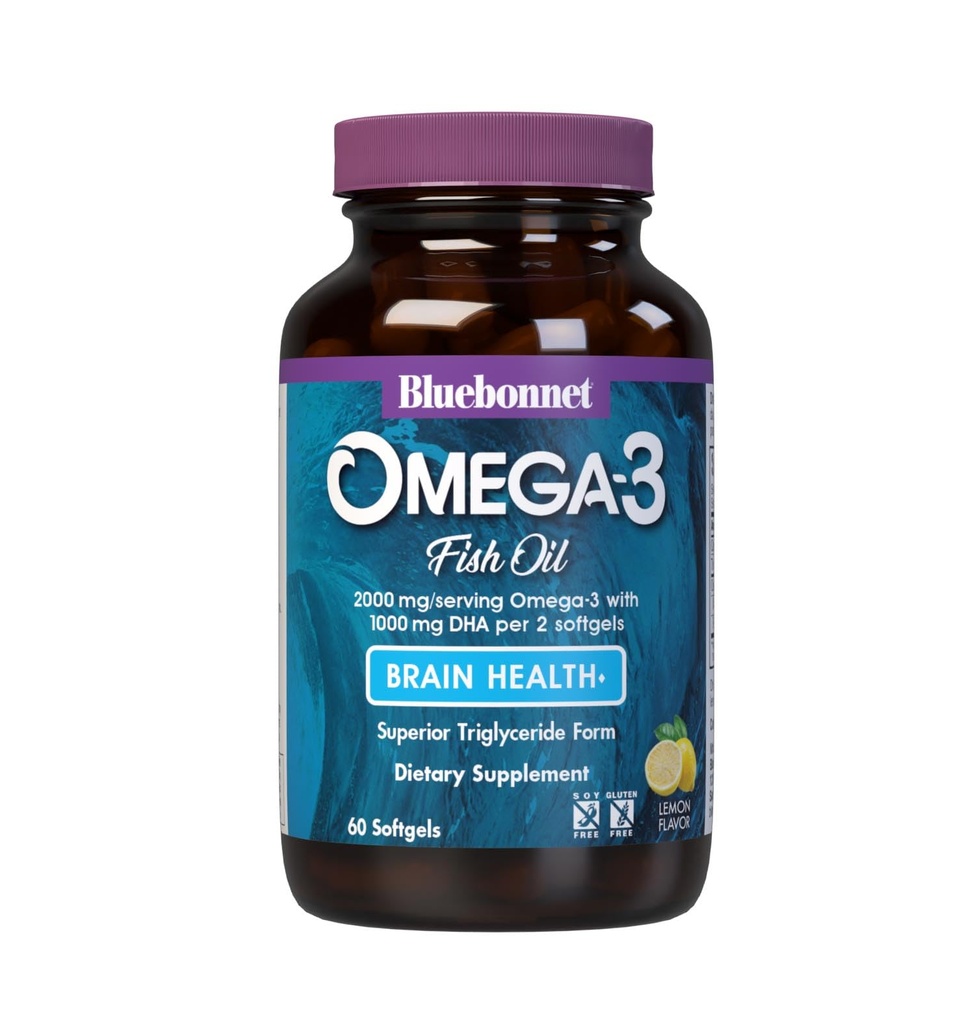 Bluebonnet Nutrition Omega-3 Brain Formula Natural Wild Caught Triglyceride Form DHA 860 mg EPA 120 mg - Sangat konsentrasi Kesehatan & Wellness Dukungan - Gluten- Free - 60 Softgels