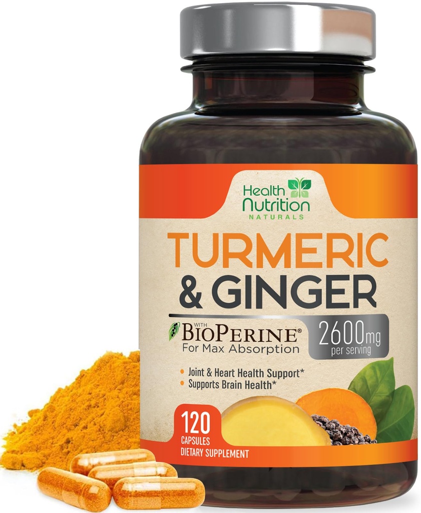 Turmeric Curcumin Supplement 2600mg - with Organic Ginger & Turmeriic, 95% Curcuminoid, BioPerine Black Pepper for Best Absorpsi, Nature 's Vegan Joint Dupport, Non-GMO, Bottoms in USA - 120 Capsules