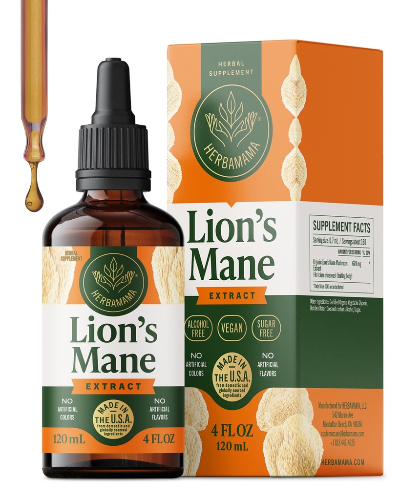 HERBAMA Lions Mane Tsucture - Vegan Focus & Nerve Dukungan dengan Ekstrak Mane Mane Lion - Hericium Erinaceus Dukungan Otak - Non- GMO, Alkohol & Sugar- Free - 84-Day Suppply