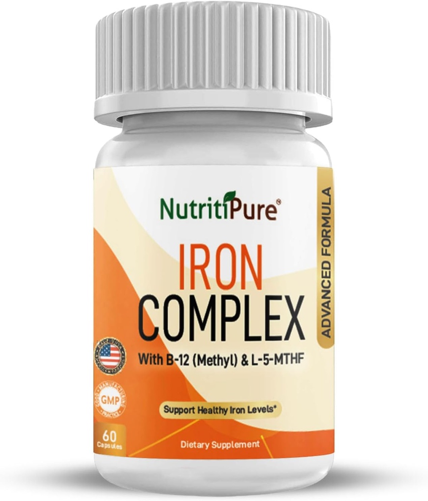 Kompleks Besi, Gedung Darah Lengkap Katup Besi Vegetarian dengan Non-constipating Carbonyl Iron, Quatrefolic, B12, B6 & Vitamin C, untuk Perempuan & Pria (60 caps)