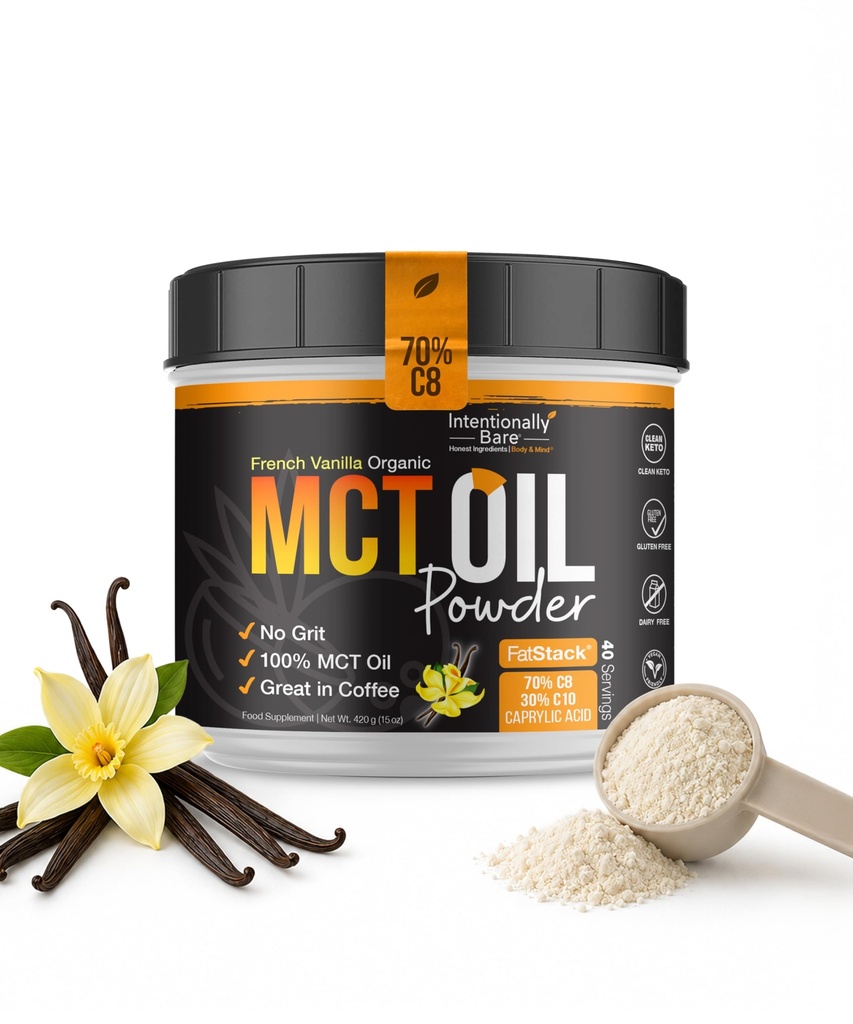 Intensially Bare Oil Powder French Vanilla MCT Coffee Creamer - C8 MCT Oil Pounder for Energy & Metabolism - No Grit Keto Energy Blend Excellent in Baking, Shakes & Creamer for Coffee - 40 Ser