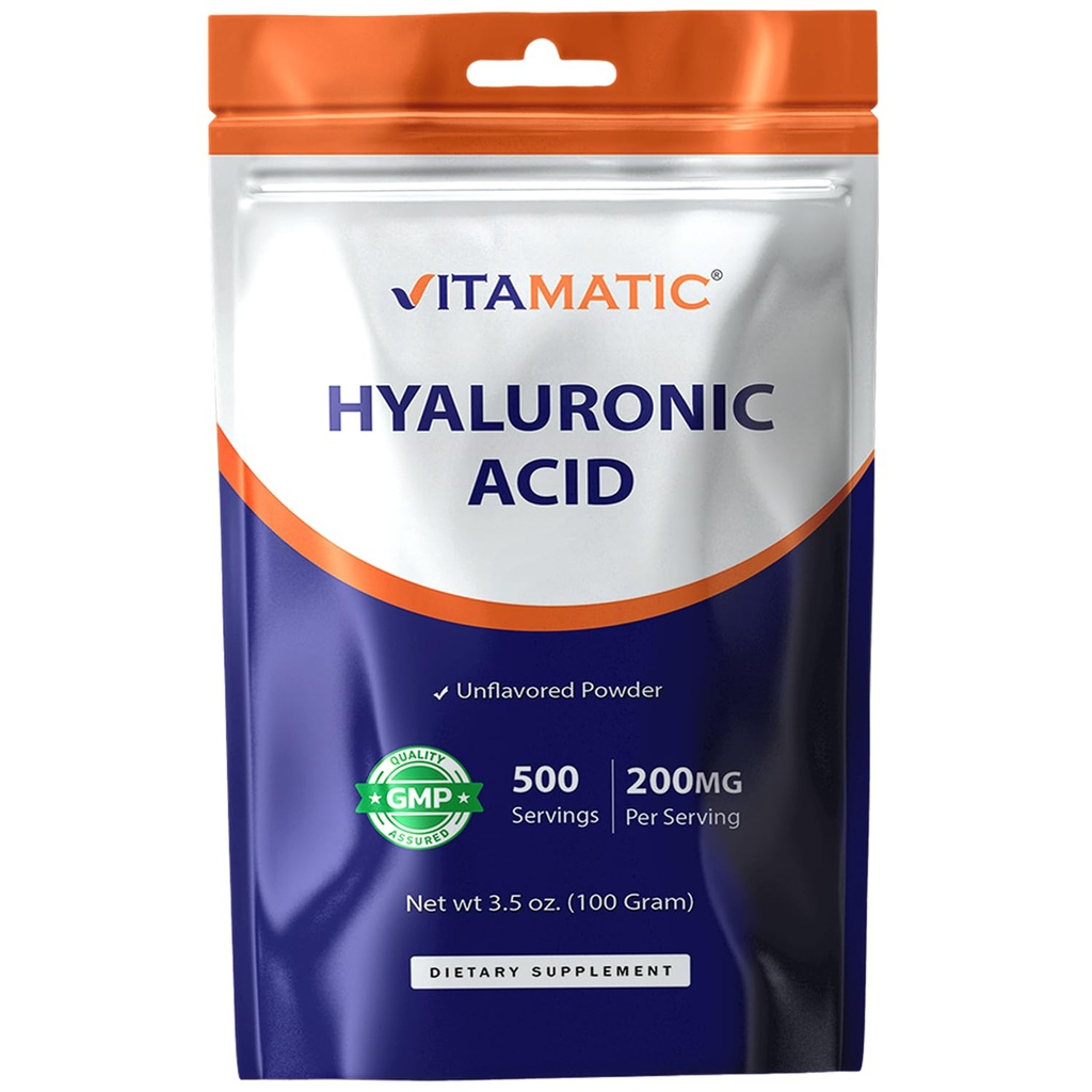 Vitamatic Hyaluronic Acid Powder 200mg - Supports Healthy Connective Tissult and Joints - Premely Youthful Healthy Skin - 100 Gram