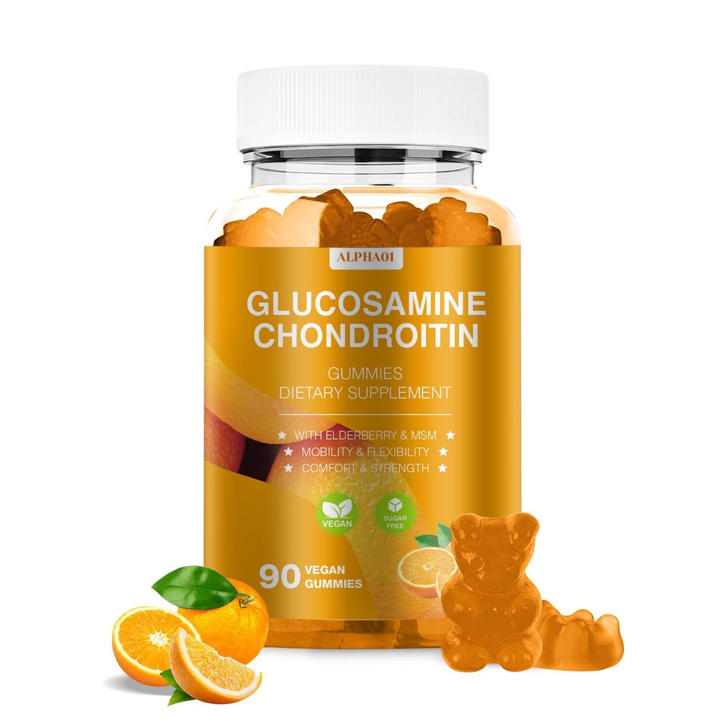 Glucosamin Chondroitin Gummies - 3000MG Ekstra Dukungan Bersama Tambahan dengan MSM & Elderberry, Fleksibilitas, Antioksidant Immune Dukungan untuk Dewasa, Pria & Perempuan - 90 Orange Gummies