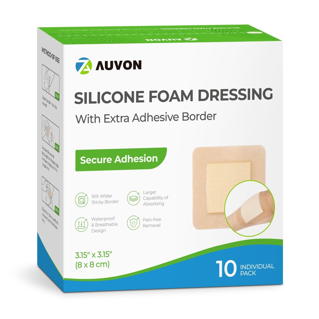 AUVON Silicone Foam Dressing with Large Adhesive Border, 3 "x 3" 10 Pack Wound Dressing Bandage with High Absorbency, Waterproof Silicone Foam Pads for Wound Care & Protection Plus Cushioning