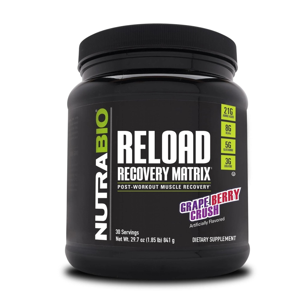 NuttraBio Reload - Powerfull Muscular Recovery Formula - Post- Workout Suplemen - 3G Creatine - 8G BCAAs - 5G Glutamine - 30 Serbu, Grape Berry Crush