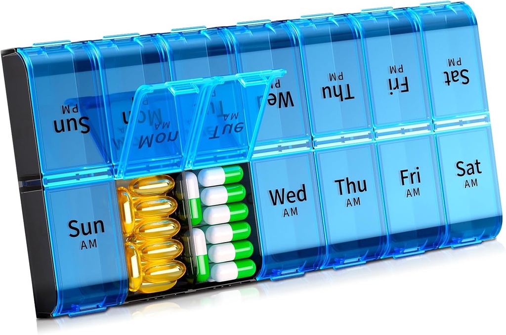XL Large Weekly Pill Organizer 2 Times sehari, Ekstra 7 Day Pill Box Am Pm, Daily Case Medical Organizer dengan 14 Kompartemen, Kontainer Night Pill untuk Fish Oils, Vitamin, Suplemen