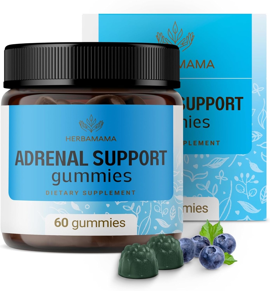 HERBAMAMA Adrenal Dukung Gummies - Kompleks Adrenal Murni untuk Perempuan dengan Root Ashwagandha, Rhodiola Rosea & Magnesium - Vegan, Non- GMO - 60 Pectin- berbasis Blueberry- Chews Flavored