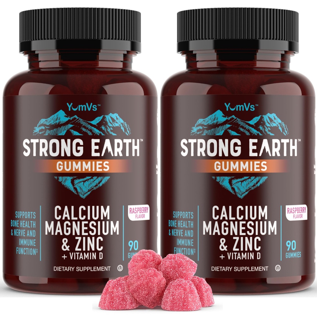 YUM-V 'S Kalsium, Magnesium, Zinc & Vitamin D Gummies, Cal Mag Chewable Suplemen, Kosher Halal Natural Raspberry Gummies untuk Perempuan & Pria - 90 Cacah (Paket 2)