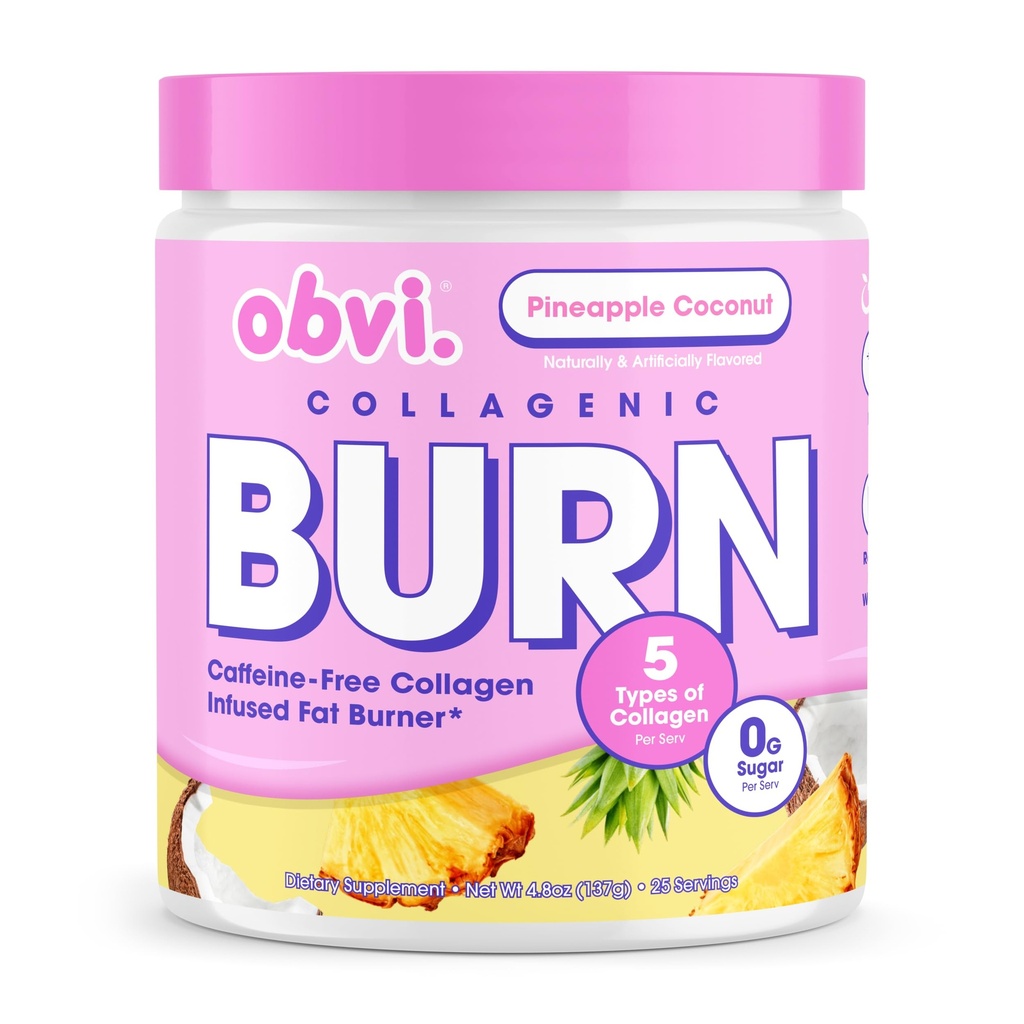 Obvi Collagenic Burn Powder 126; Multi- Collagen Peptide Blend dengan GBB, Ashwagandha & Green Coffee 126; Pineapple Coconut, 25 Servings