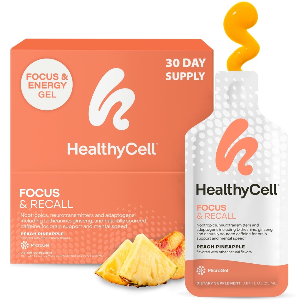 Healycell Focus & Recall, Daily Liquid Brain Suplement for Focus & Memory - Nootropics Supplement for Concentration & Allence with L- Theanine, Omega-3 & Taurine - 30 Gel Packs