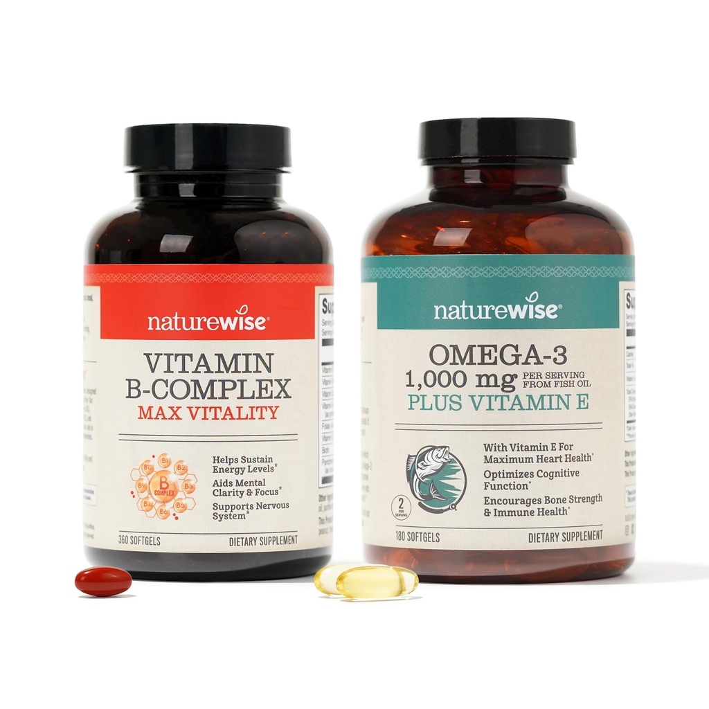 NatureWise Vitamin B Kompleks 360 Softgels & Omega 3 Minyak Ikan 18 0ct for Energy, Heart, Brain, Immune & Vision Support