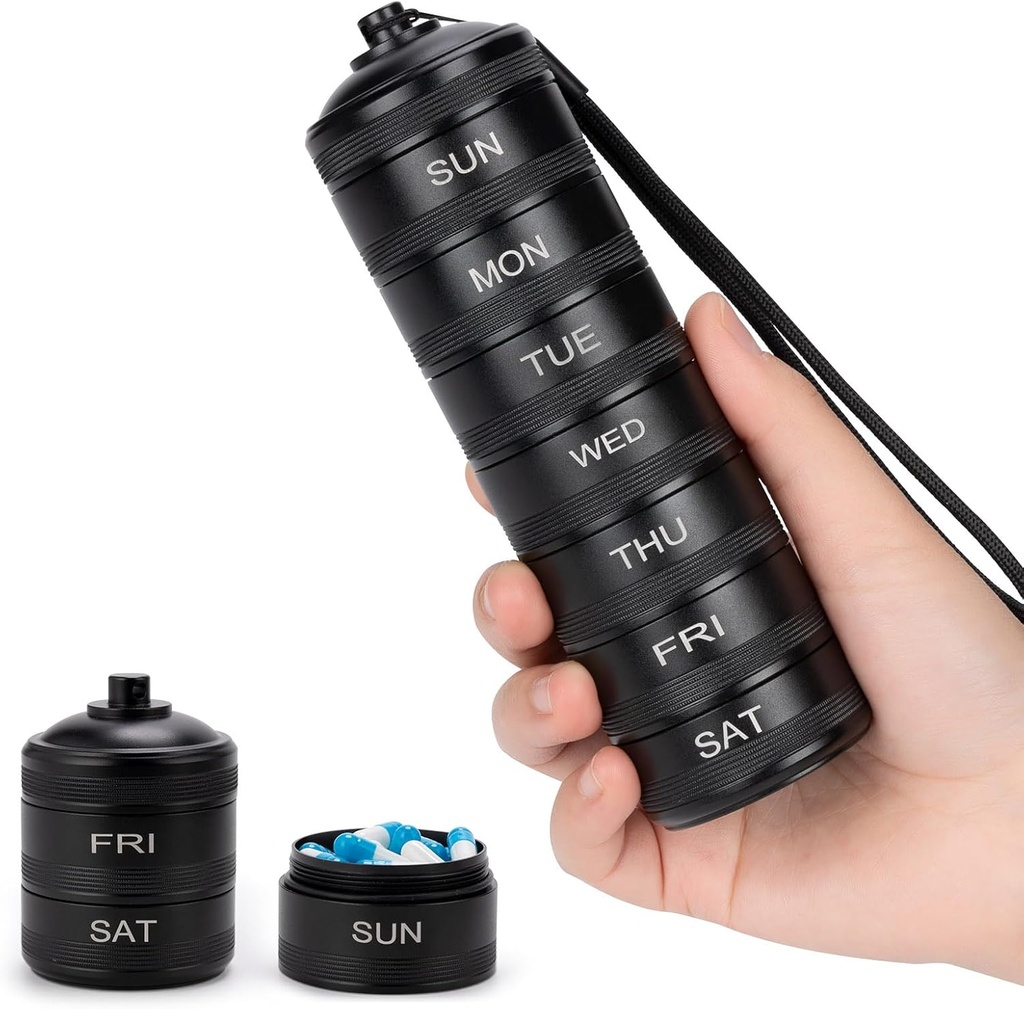 Pill Organizer Weekly Metal Travel Box Waterproof - 7 Day Large Aluminum Alloy Pill Container, Portable Daily Pil Case for Vitamin, Medicine, Suplemen, Fish Oil