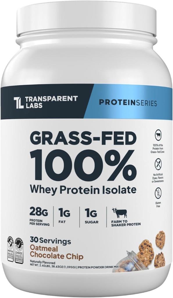 Transparent Labs Grass- Fed Whey Protein Isolate - Tentu Flavored, Gluten Whey Free Protein Powder dengan 28g Protein per Serving & 9 Acids - 30 pelayan, Oatmeal Chocolate Chip Cookie