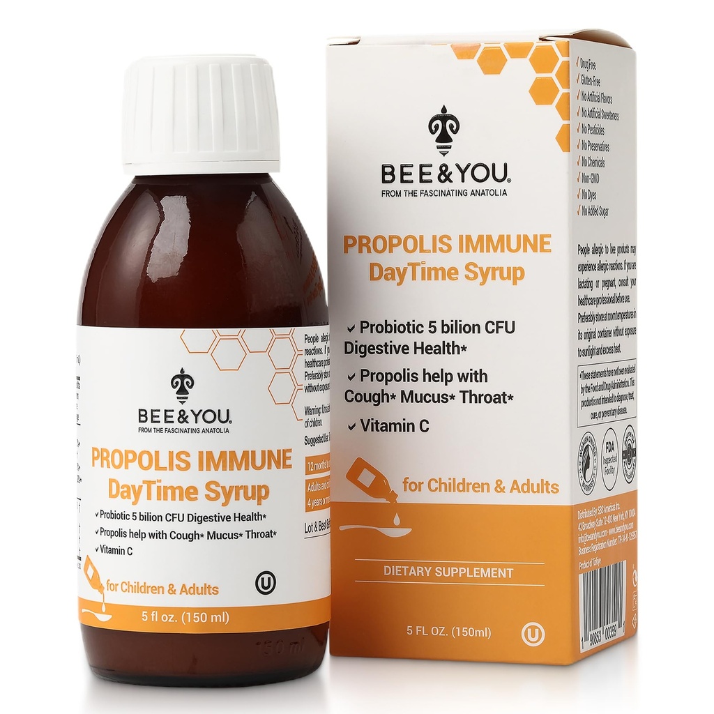 Bee and You Propolis Immune Day Time Syrup with Probiotic, Vitamin C, Ammune Support, Digetical Health, Antioksidants, Gut Health 5 Fl Oz