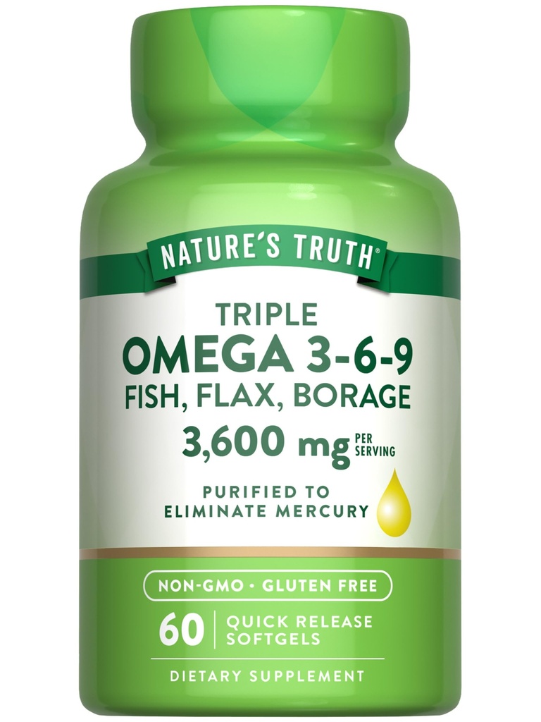 Nature 's Truth Triple Omega 3-6-9 Softgeels 124; 3600mg 124; 60 Count 124; Fish, Flax, Borage Oil 12.4; Non- GMO & GGluten Free Supplemen