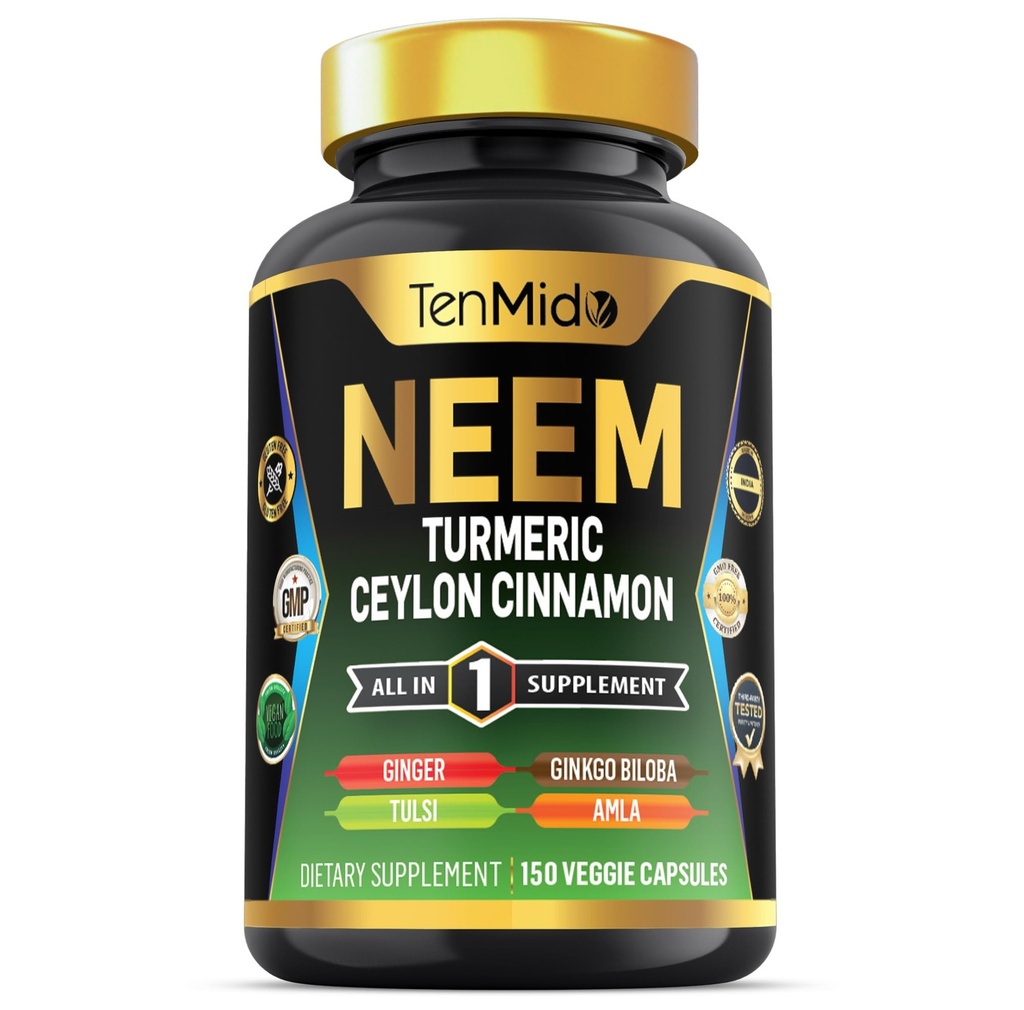 Neem Leaf Suplement - 8in1 Formula - Combine dengan Turmeric, Ceylon Cinnamon, Ginger, Tulsi, Ginkgo Biloba, Amla, dan Black Pepper - Dukungan Kesehatan Ammune - 150 Vegan Kapsul