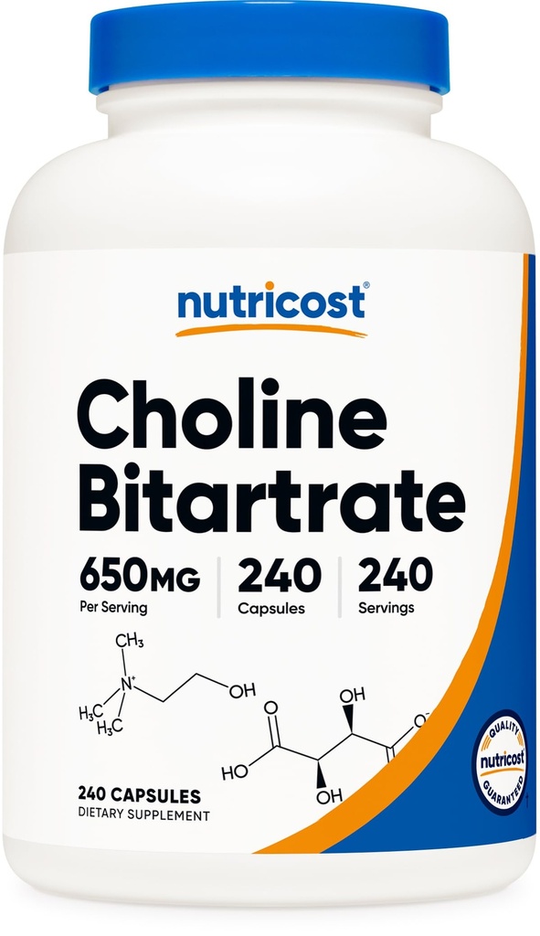 Choline Bitartch 650mg, 240 Vegetarian Capsules - Non-GMO, Vegetarian Friendly, Gluten Free