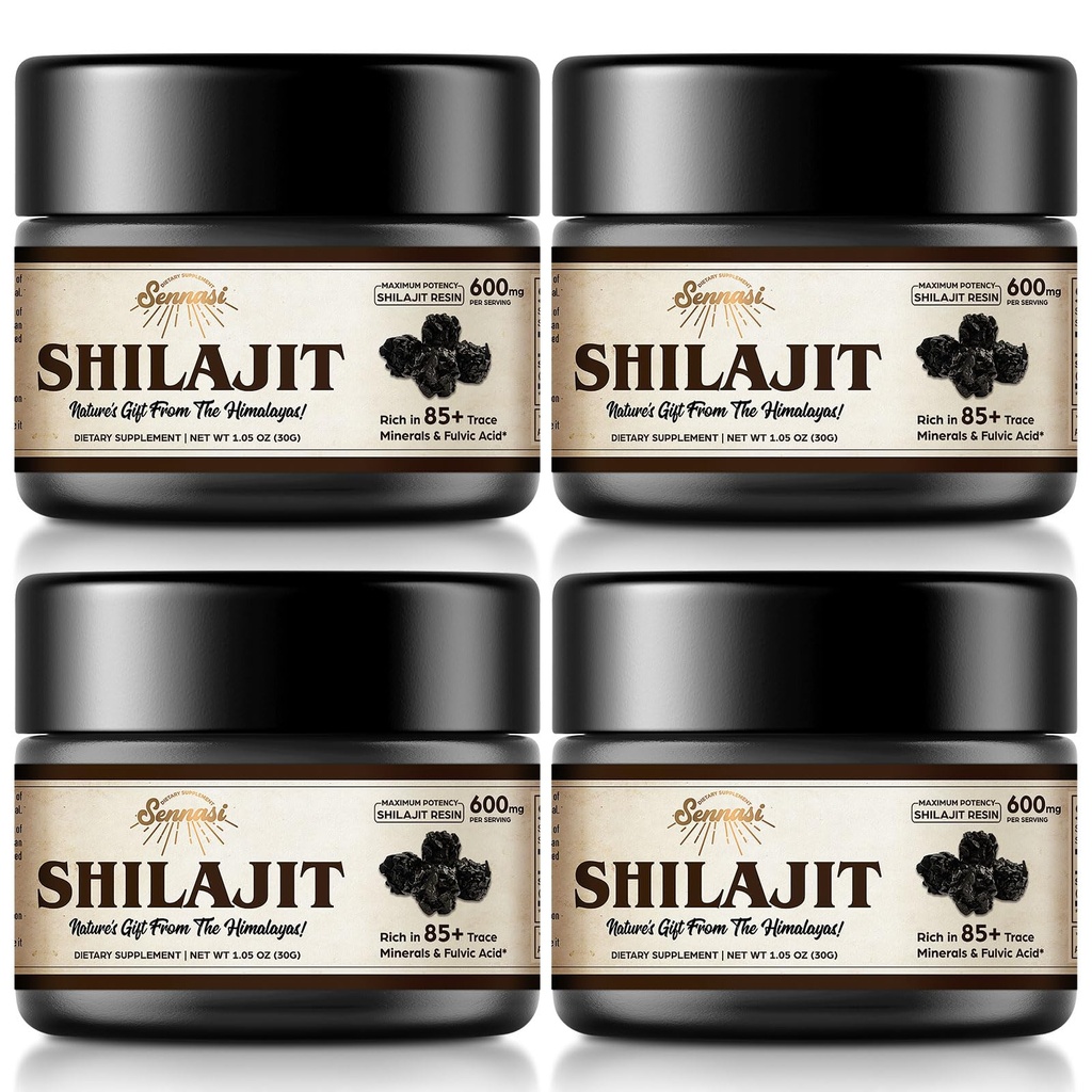 Shilajit Pure Himalaya Shilajit Organik Resin - Potency Maksimal 600mg Natural Organical Shilajit Resin dengan 85 + Trace Minecies & Fulvic Acid for Energy, Ammune Dukungan, 30 Grams (4 Pack)