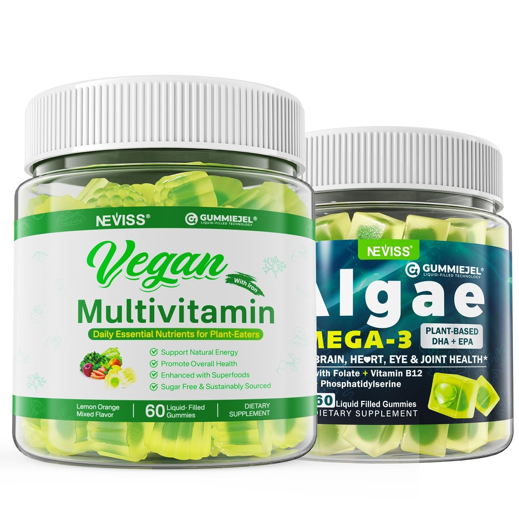 Vegan Omega 3 Gummies 1000mg dengan Vegan Multivitamin untuk Perempuan Pria dengan Besi, Vitamin B12, A, D3, K2, Algae Omega 3, Magnesium, Zinc