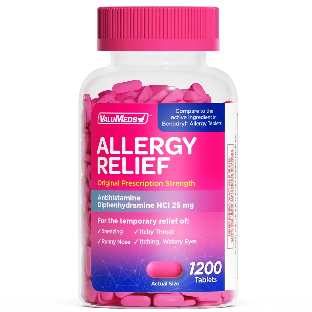 ValuMeds Allergy Medicine Antihistamine, Diphenhydramine HCI 25 mg 124; Anak-anak dan Dewasa Alasan 124; Relieve Mata Itchy, Runny Nose, Sneezing (25 mg, 600)