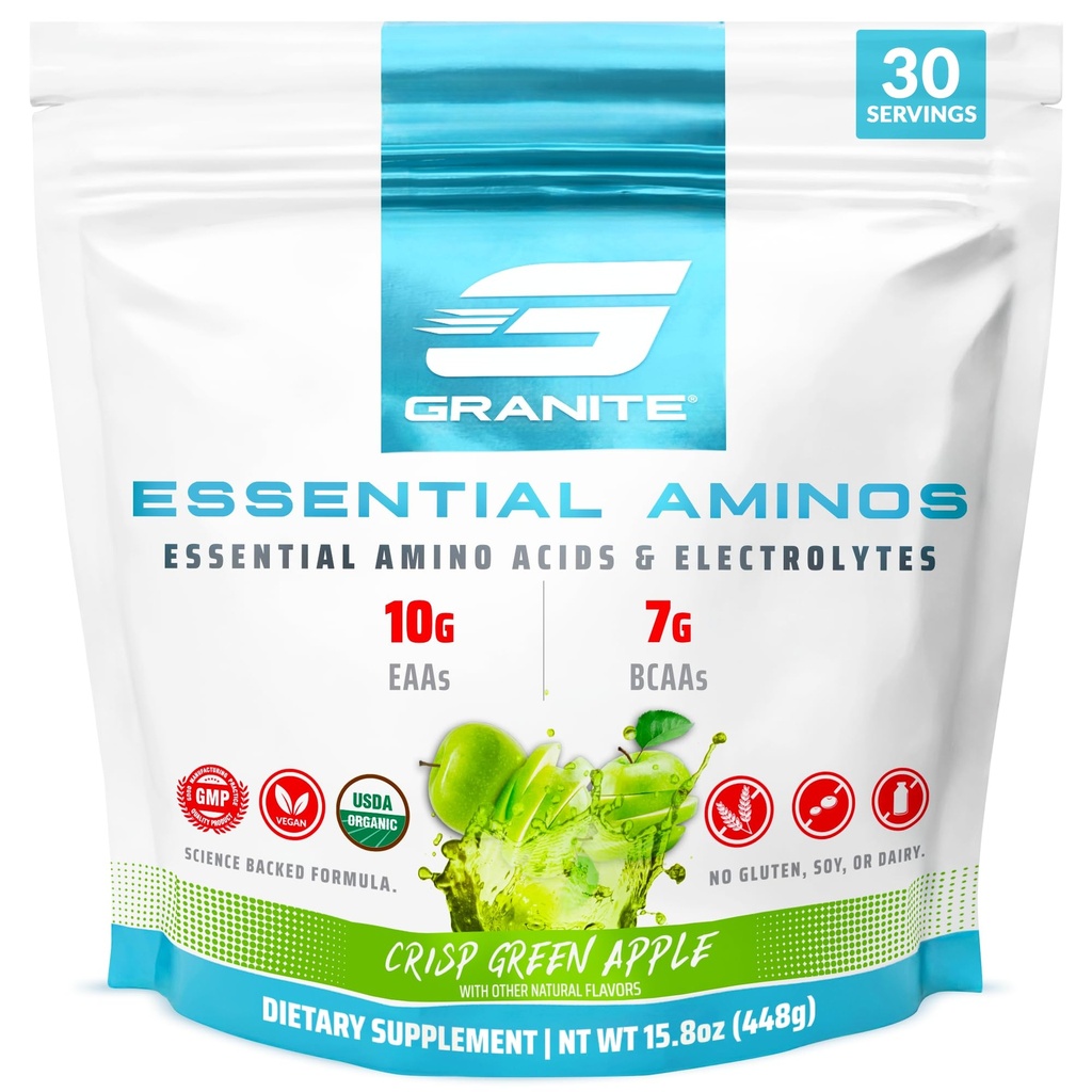 Granite Esprious Amino Acids Powder, Green Apple Flavor, dengan 10g EAS dan 7g BCAAs, Mendukung Pemulihan Muscle & Growth, Soy-Free, Gluten-Free (30 Pelayan)