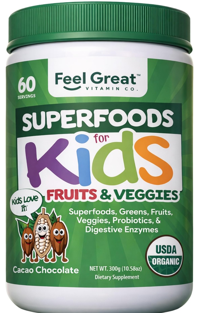 Feel Great USDA Organic Super Greens Powder for Kids - Cocao Chocolate 124; Fruit & Veggie Suplemen 124; Superfood Pouder with Progetical Enzymes for Digetical Health 124; 60 Days Suppply