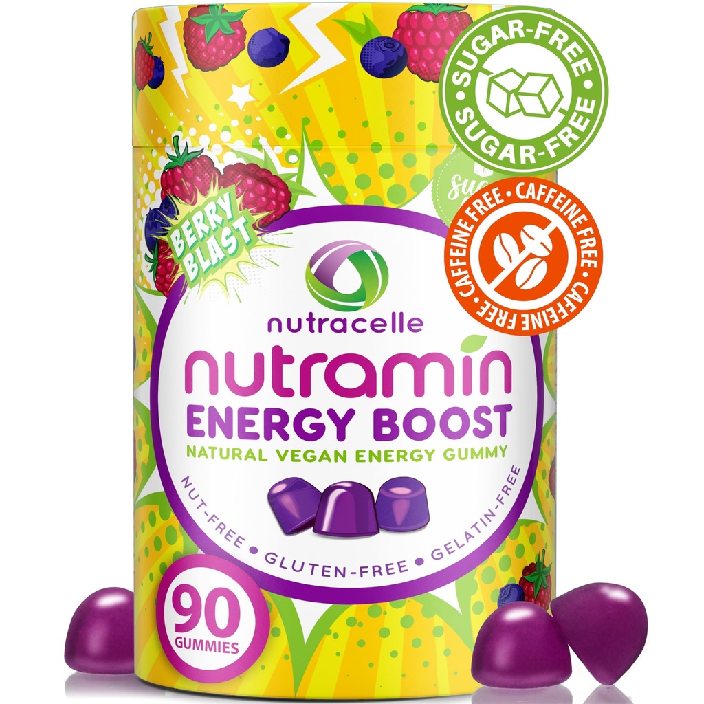 NUTRAMIN Energy Boost Vitamin Gummy - Skip The Coffee & Boost Your Energy, Caffeine- Free, Sugar- Free, Vegan, B12, Green Tea, Ashwagandha, Garcinia Kamboja, Raspberry Adaptogen - 90 ct