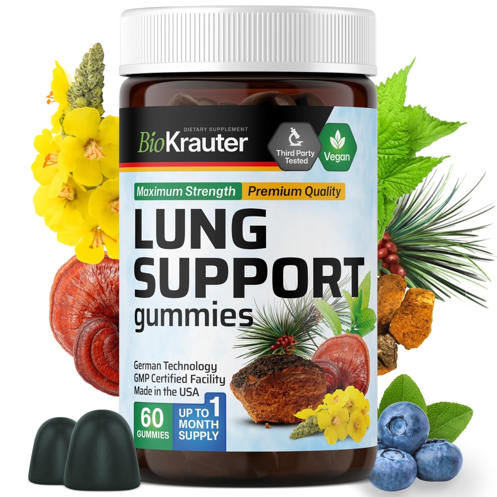 BIO KRAUTER Lung Detox Gummies - 60 Vegan Chews - Lung Cleanse Suplement w / Vitamin C & Mullein Leaf Blend
