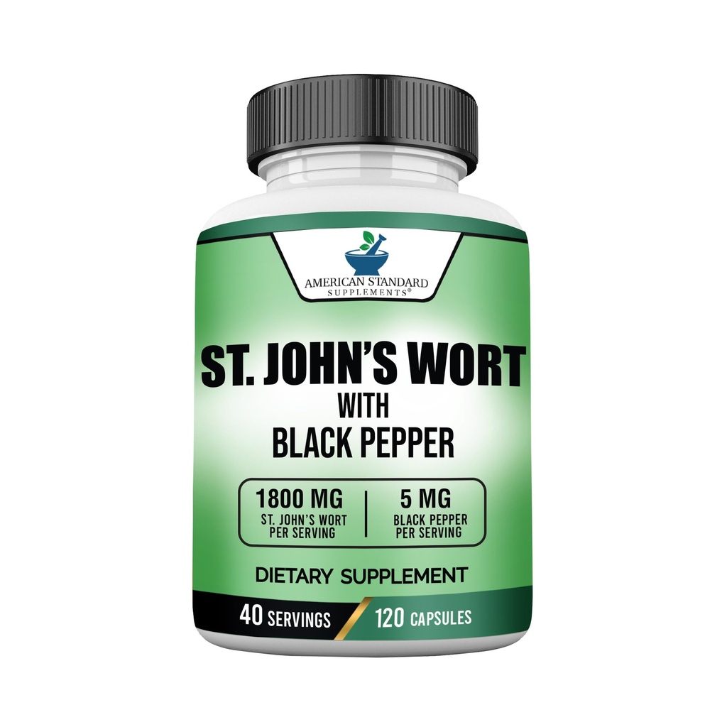 Suplemen Standar Amerika St. John 's Welt 1800mg Per Serving dengan Black Pepper Fruit Extract - Vegan, Gluten Free, Non- GMO, 120 Capsules, 40 Servings