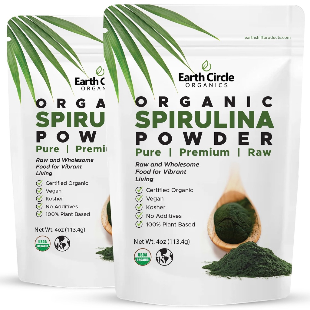 Bumi Circle Organics Spirulina Powder, Kosher, Raw dan None-Irradiated 124; Murni Vegan Protein 126; Premium Superfood, Tinggi di Amino Acids dan Antioksidants - 4 Ounce (2 Paket)