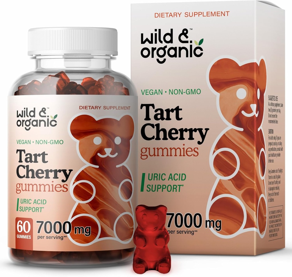 Wild & Organic Tart Cherry Gummies 7000 mg - Tat Cherry Ekstraksi untuk Dukungan Tingkat Uric - 60 Vegan, Chews Non-GMO