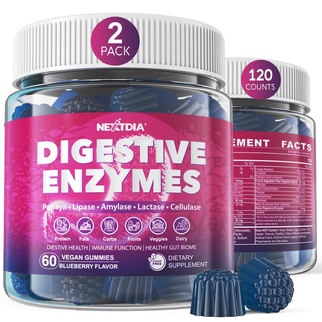 Enzymes Diet for Women & Men Gummies w / Propoles, Papaya, Bromelain, Ginger - Bloating Relief & Gut Health Chewable Suppplemen Digest Protins Dairy Carbs Pats, Sugar Free Vegan, 120Cts