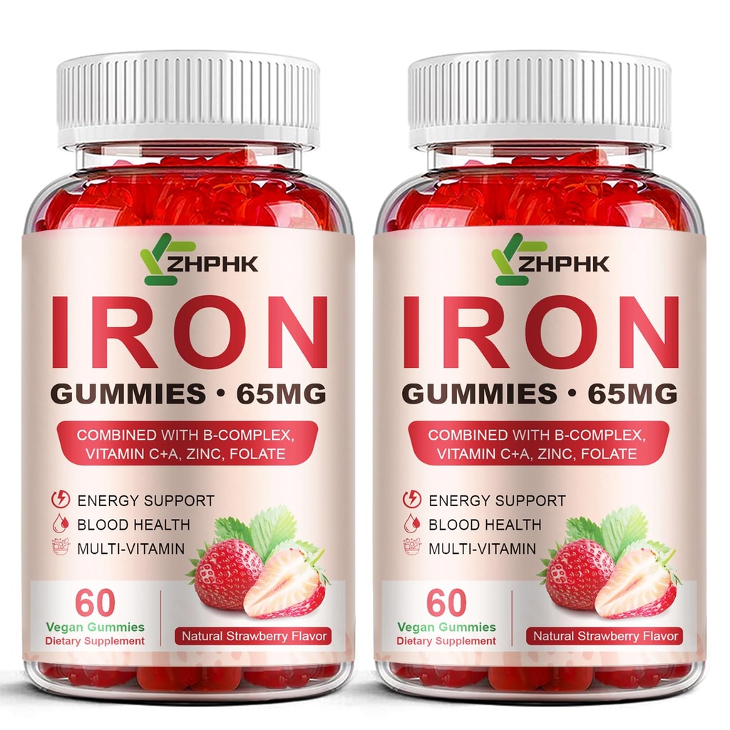 Guyonan Tambahan Besi untuk Perempuan, Pria & Anak-Anak, 65mg Besi & 250mg Vitamin C per Serving - Darah Sehat, Energi & Imune Dukungan Besi Vitamin Gummy dengan Folate, 2 Pack