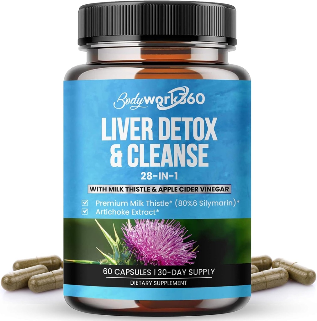 Detox & Cleanse - 28-in- 1 Perbaikan Hati & Dukungan untuk Pria & Perempuan dengan Thistle Milk, Apple Cider Vinegar, Ekstrak Root Dandelion & Artichoke Extract - Non-GMO, 60 Capsules