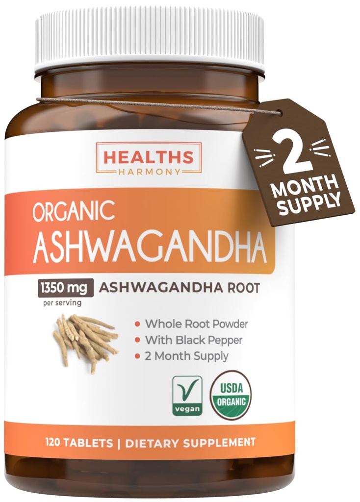 Suplemen USDA Organik Ashwagandha - Potency High Ashwagandha Pills Made With Organic Black Pepper for Enhanced Absorpsi - Vegan Non- GMO Made in the USA & Lab Verified (2 Bulan Supppply)