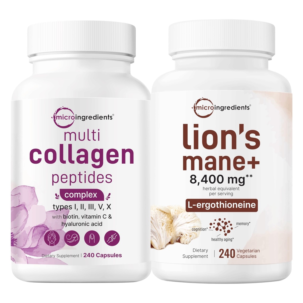 Micro Ingredictions Multi Collagen Complex for Women & Lions Mane Suplement 240 Vevgie Capsules Bundle 2 Pack 124; Grass- Collagen Peptides 124; Superfood Mushroom Antioksidants dengan L- Ergothioneine