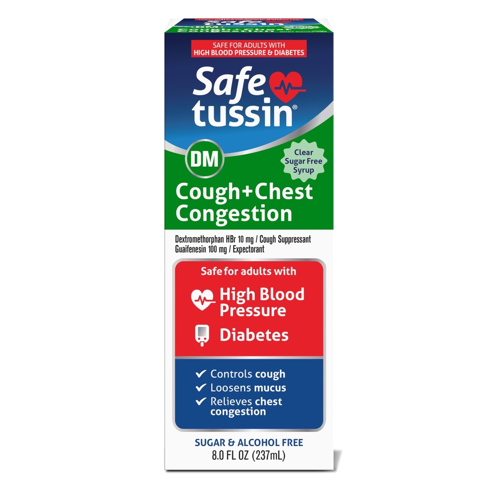 Safetussin DM Cough & Chest kemacetan, 8 oz, Expectorant Muscus Relief, Cuugh Relief Syrup, Aman untuk Dewasa dengan Tekanan Darah Tinggi & Diabetes