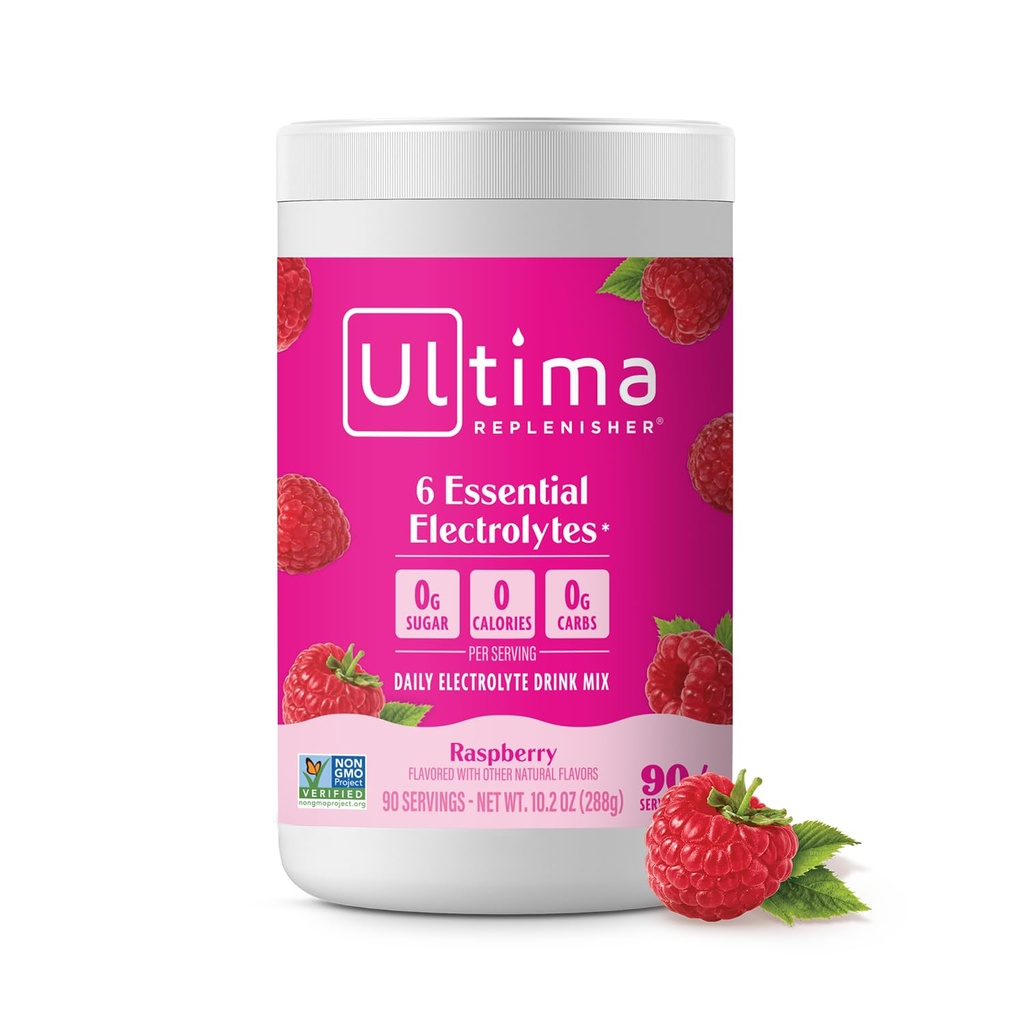 Ultima Replenisher Daily Electrolite Powder Mix - Sugar Free - Raspberry, 90 Servings - Hydration poader dengan 6 Key Electrolittes dan Trace Minecure - Keto Friendly, Vegan, Non-GMO