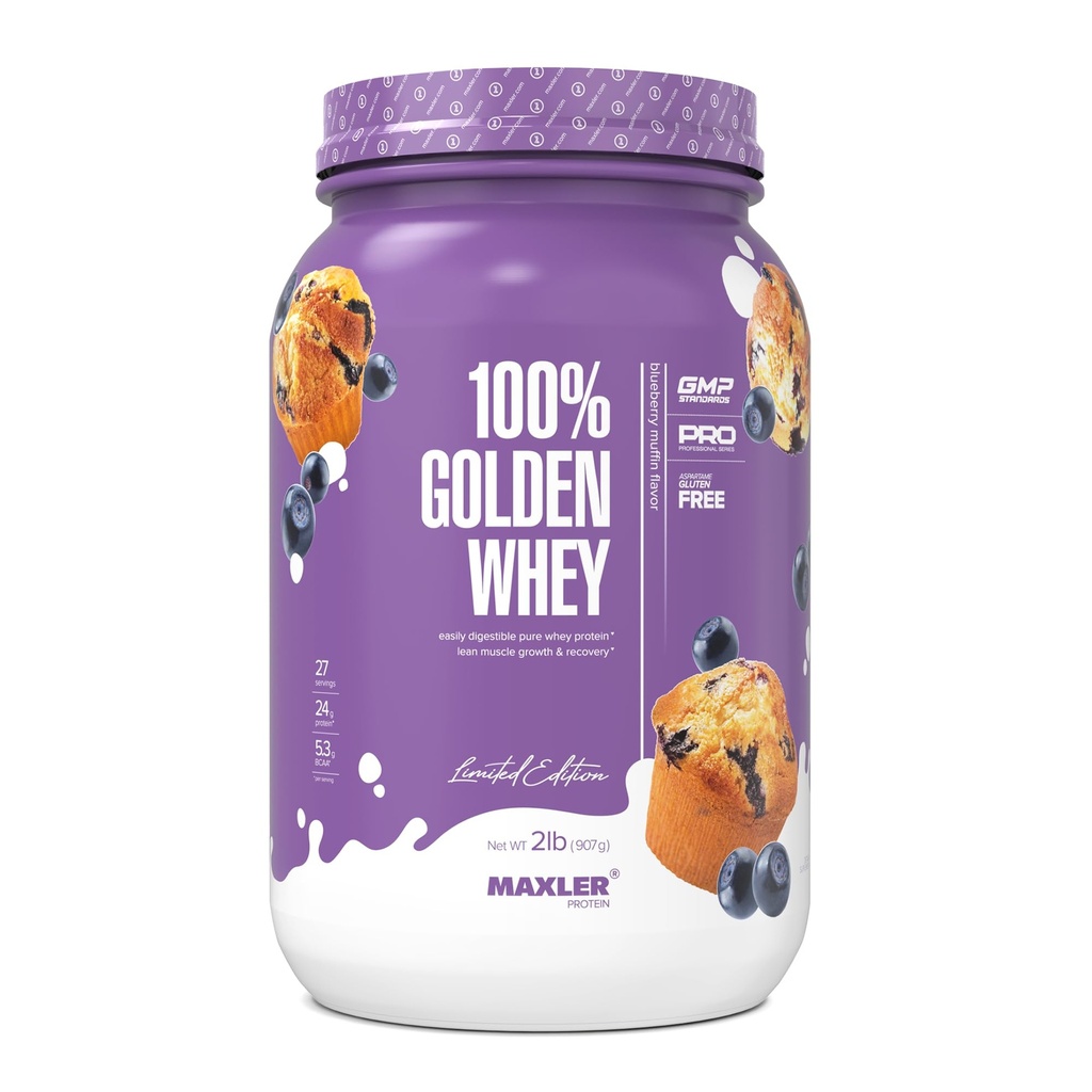 Maxler 100% Golden Whey Protein - 24g Protein per Serving - Premium Whoin Powin Powder for Pre Post Workout - Fast- Absorbing Whey Konsentrasikan, Isollate & Hydrolysate Blend - Blueberry Muffin 2 lb