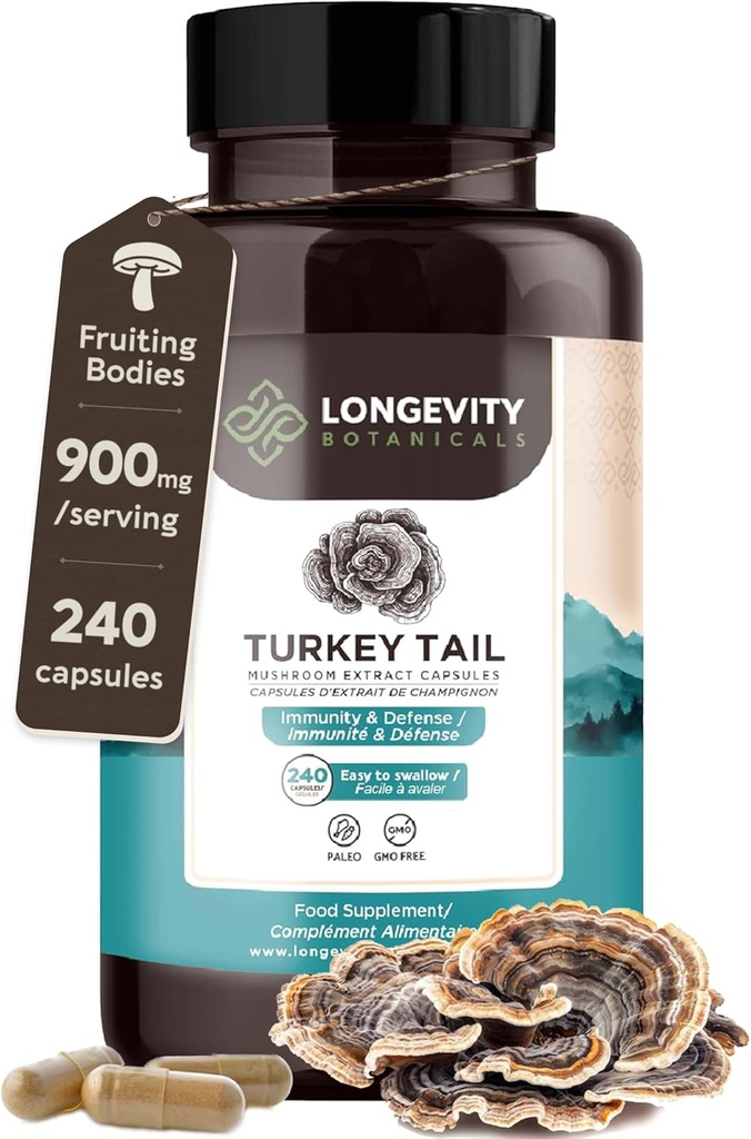 Ekstrak Katup Kalkun Organik Kapsul (240) Akar 124; Fruit Fruiting Body 10: 1 Ekstraksi Kekuatan Tinggi 124; 50% Beta- D Glurans 124; 9000mg Equizovable Per Serving 124; Imune, Gut & Microbiome Support